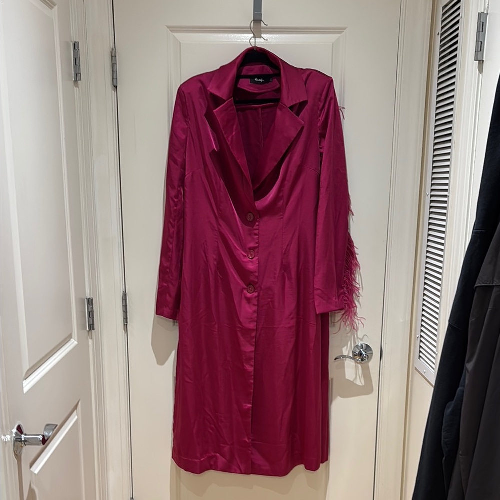 Chic Pink Button-Up Coat with Feather Detail
